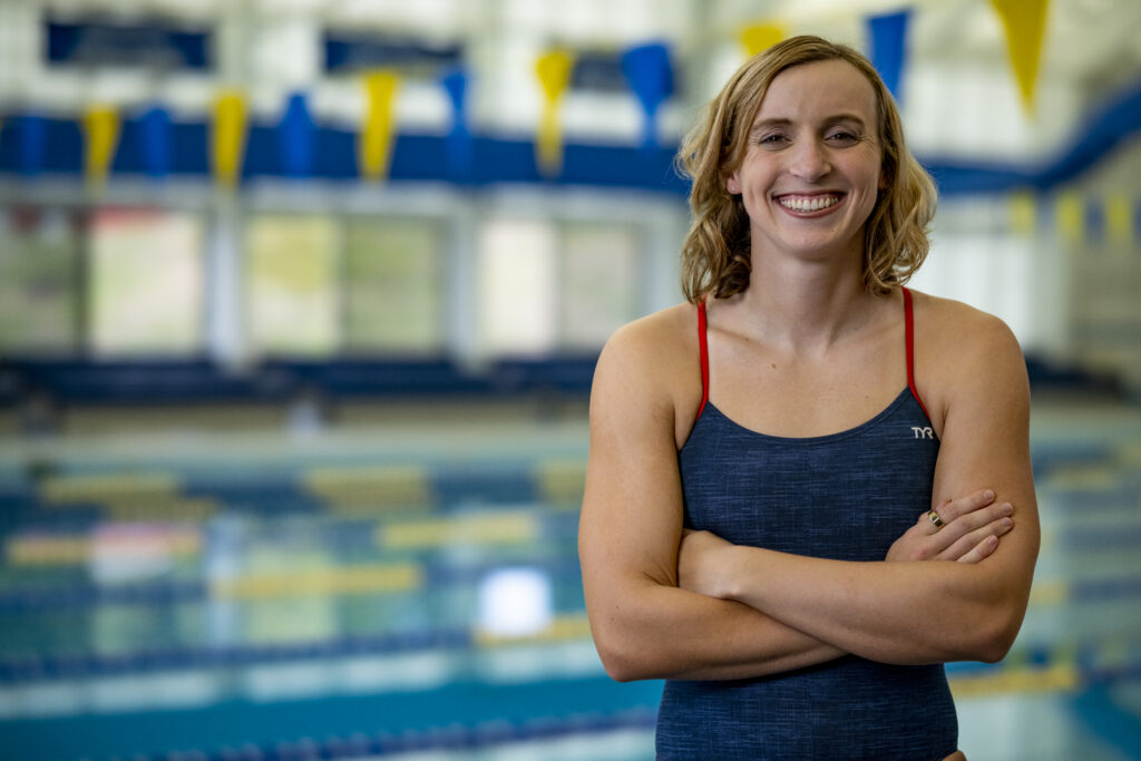 Katie Ledecky, most decorated female swimmer in history, smiling with arms crossed as featured guest speaker for Denim and Diamonds Spotlight supporting pediatric mental health